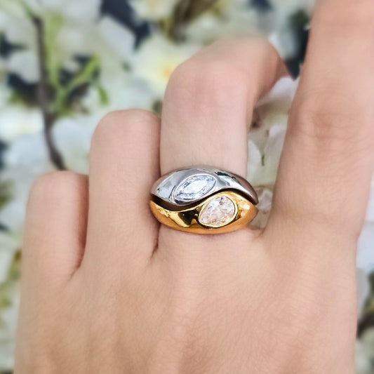 Solara – Gold-Tone & Silver Dual Band Ring with Marquise CZ Stones